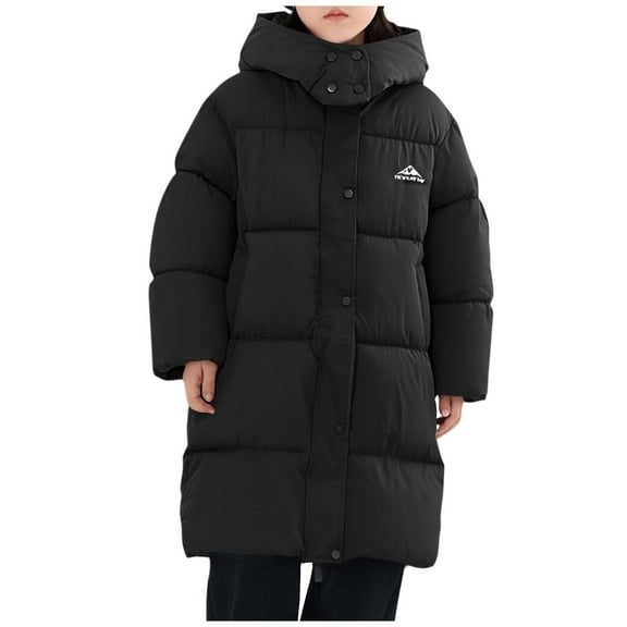 AHTJRT Boy's Long Winter Jacket Full Button Down Solid Color Outerwear with Pockets Thermal Heavyweight Hooded Snow Jacket Black 14-15 Years