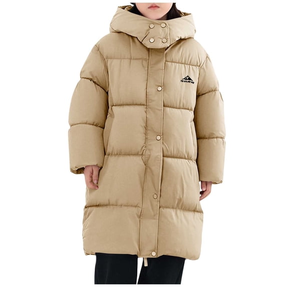AHTJRT Boy's Long Winter Jacket Full Button Down Solid Color Outerwear with Pockets Thermal Heavyweight Hooded Snow Jacket Khaki 12-13 Years