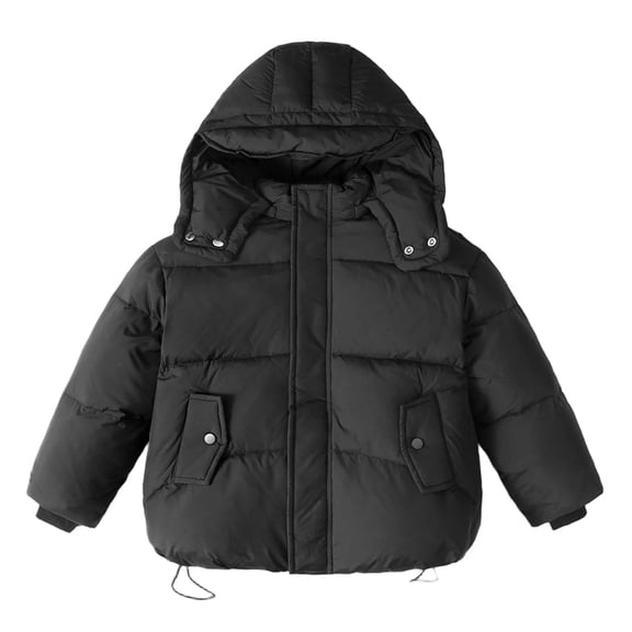 AHTJRT Boy's Winter Jacket Full Zip Hooded Puffer Jackets with Flap Pockets Fashion Solid Color Windproof Outerwear for Cold Weather Kids Black 4-5 Years