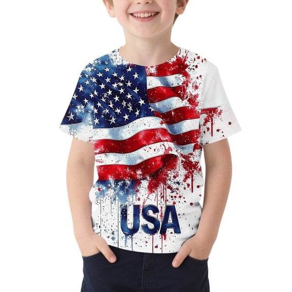 AHTJRT Boys 4th of July Shirts Fashion Star Patterns Printed Patriotic USA Tee Shirts Crewneck Short Sleeve Blouse Tops Multicolor#18 5-6 Years