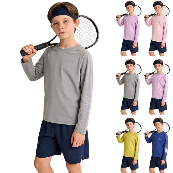 AHTJRT Boys Ahletic T Shirts Crewneck Long Sleeve Children's Youth Trainning Grunning Shirts Lightweight Moisture-Wicking Activewear Top Tees Gray 13-14 Years