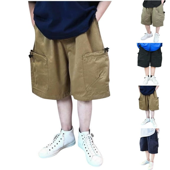 AHTJRT Boys Cargo Shorts Baggy Bermuda Casual Sports Shorts with Multiple Pockets Cotton Stretchy Soft Wide Leg Short Pants Khaki 4-5 Years