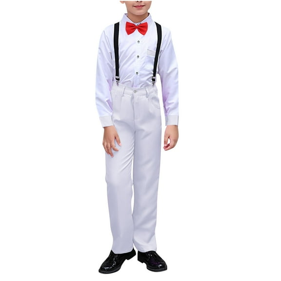 AHTJRT Boys Clothes Suit Formal Long Sleeve Dress Shirt with Bowtie and Suspender Pants Gentlemen Wedding Prom Party Outfits White 11-12 Years