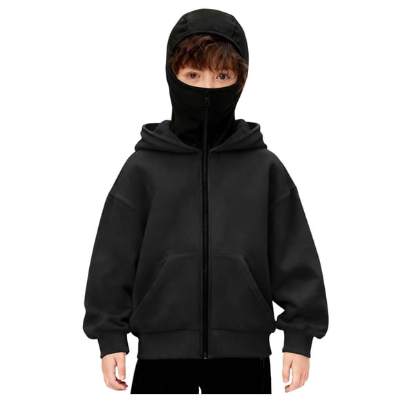 AHTJRT Boys Girls Full Zip Sweatshirts Pockets Hooded Jacket with Matching Zipperd Balaclava Hats Mask Windproof Long Sleeve Outerwear Black 4-5 Years