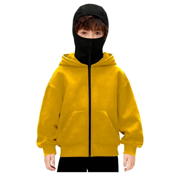 AHTJRT Boys Girls Full Zip Sweatshirts Pockets Hooded Jacket with Matching Zipperd Balaclava Hats Mask Windproof Long Sleeve Outerwear Yellow 10-11 Years