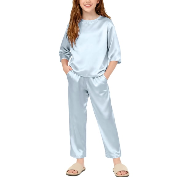 AHTJRT Boys Girls Silk Satin Sets Crewneck Long Sleeve Shirt and Trousers Outfits Casual Loungwear Sleepwear 2 Pieces Set Light Blue 13-14 Years