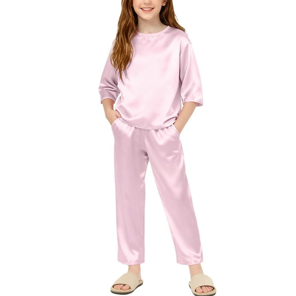 AHTJRT Boys Girls Silk Satin Sets Crewneck Long Sleeve Shirt and Trousers Outfits Casual Loungwear Sleepwear 2 Pieces Set Pink 9-10 Years