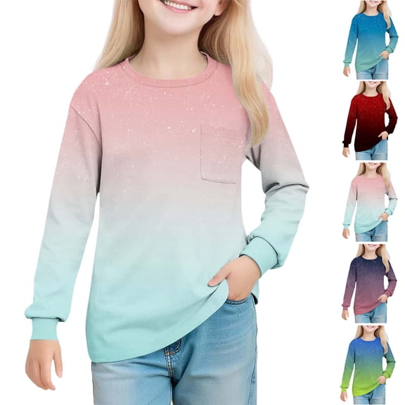 AHTJRT Boys Girls Sweatshirts Casual Crewneck Long Sleeve T-Shirts with Chest Pocket Fashion Gradient Color Pullover Tee Tops Blue#01 13-14 Years