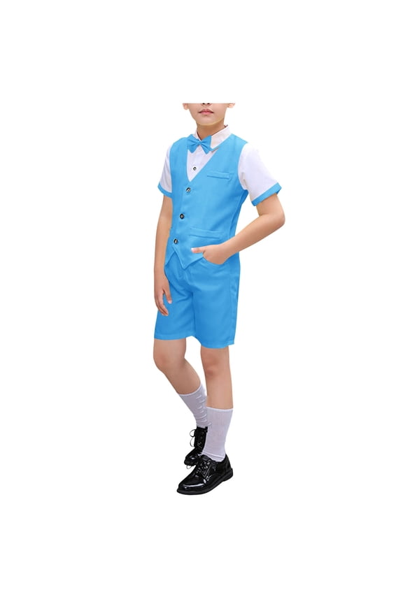 Boys Suit Short Sleeve Shirt Waistcoat and Shorts Set with Bowtie Ring Bearer Graduation Formal Dresswear 3 Pieces Suit Set Sky Blue 9-10 Years