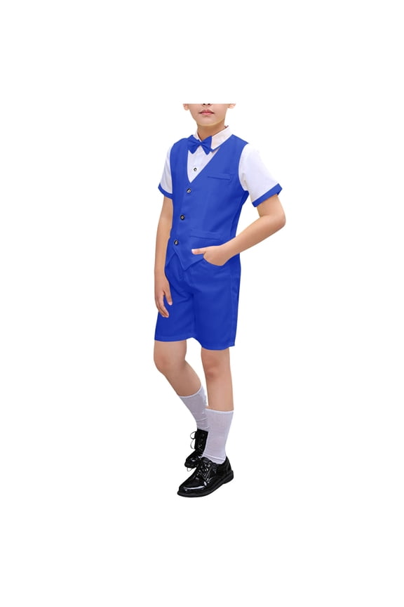 Boys Suit Short Sleeve Shirt Waistcoat and Shorts Set with Bowtie Ring Bearer Graduation Formal Dresswear 3 Pieces Suit Set Blue 5-6 Years