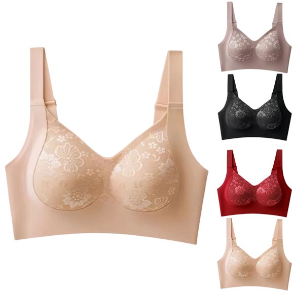 AHTJRT Bust Shaping for Women Posture Correcting Anti Sagging Full Coverage Daily Bras Patchwork Lace V Neck Stretch Support Wirefree Bralettes Black L