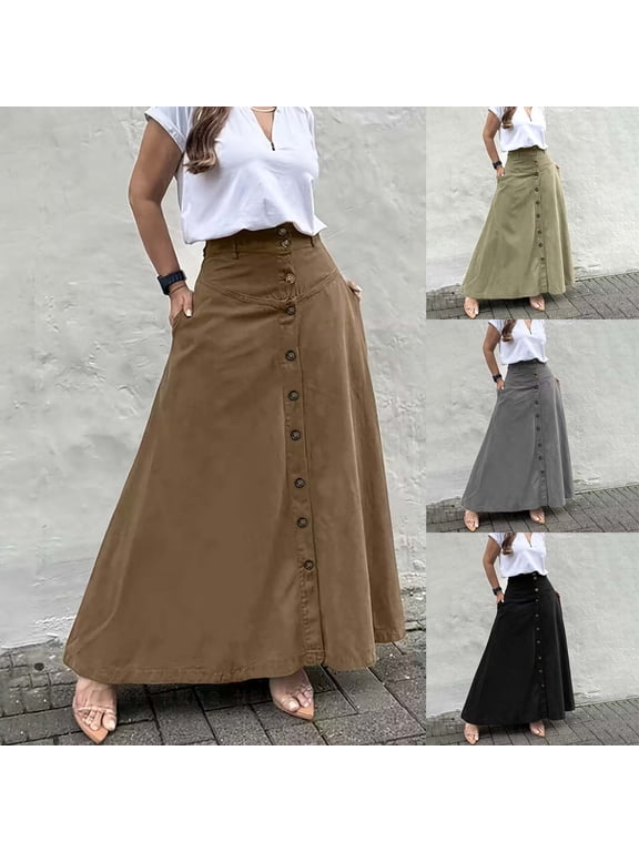 Button Down Maxi Skirts for Women High Waist A-Line Pleated Long Maxi Skirts with Pockets Brown S