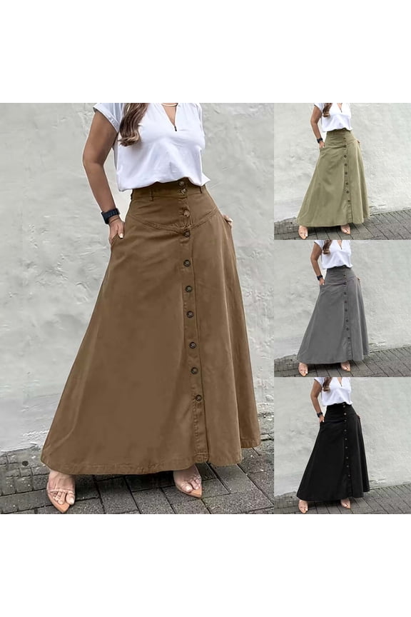 Button Down Maxi Skirts for Women High Waist A-Line Pleated Long Maxi Skirts with Pockets Gray XXL
