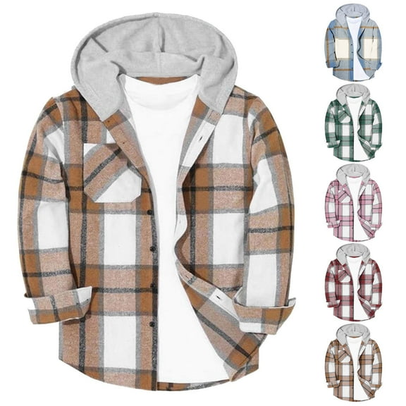 AHTJRT Button Down Hoodies for Kids Fashion Plaid Long Sleeve Shirt Jacket with Chest Pocket Stretch Lightweight Fall Winter Outerwear Coats Brown 10-11 Years