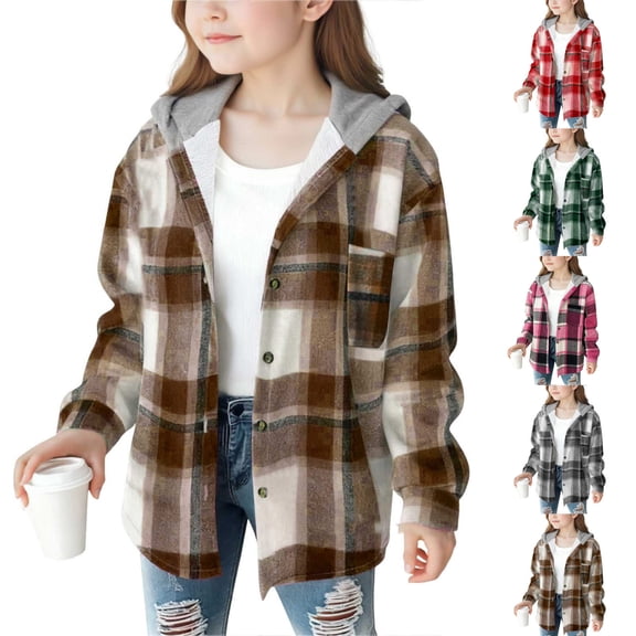 AHTJRT Button Down Hoodies for Kids Thermal Fleece Long Sleeves Cardigan Shirts with Chest Pocket Casual Fall Winter Spring Coats Fashion Plaid Tops Green#03 6-7 Years