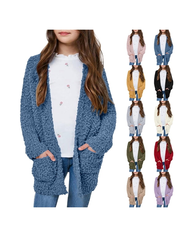 Cardigan Sweaters for Girls Boys Long Lenghth Long Sleeve Polar Fleece Outerwer with Pockets Warm Winter Fall Windproof Pullover Purple 9-10 Years