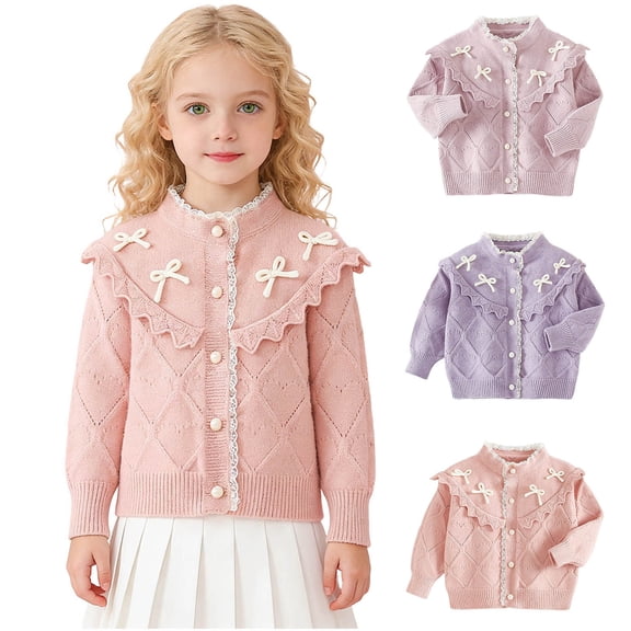 AHTJRT Cardigan Sweaters for Girls Crew Lace Neck Full Button Outerwear with Bowknot Solid Long Sleeves Cable Knit Tops Gray 3-4 Years