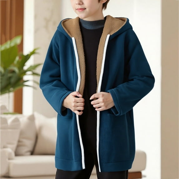 AHTJRT Cardigans for Boys Full Zip Plush Sherpa Fleece Lined Hooded Coats Casual Fall Winter Spring Jacket Mid-Long Length Outerwear Blue 11-12 Years