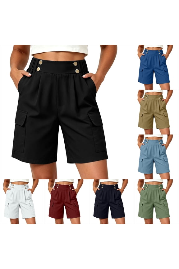 Cargo Bermuda Shorts for Women Summer Elegant Casual Elastic High Waist Wide Leg Formal Dress Work Shorts with Multi-Pockets Blue XXL