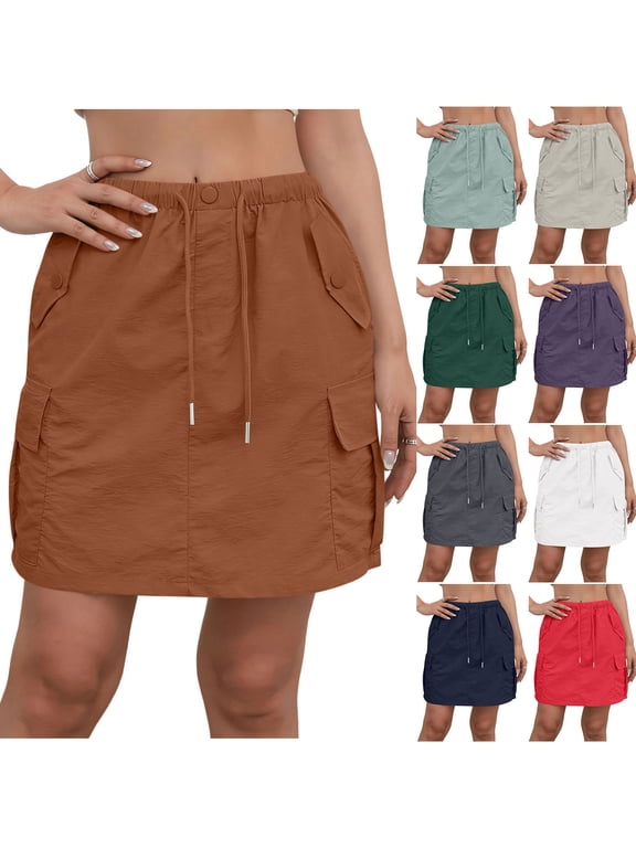 Cargo Skorts for Women Elastic Drawstring Waisted Outdoor Work Tennis Golf Hiking Skirts with Multiple Pockets Summer Athletic Skirts White XXL