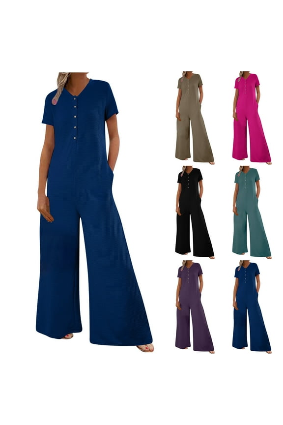 Casual Summer Rompers for Women Striped Short Sleeve Baggy Wide Leg Jumpsuits Comfy V Neck Button Down Overalls Purple XXL