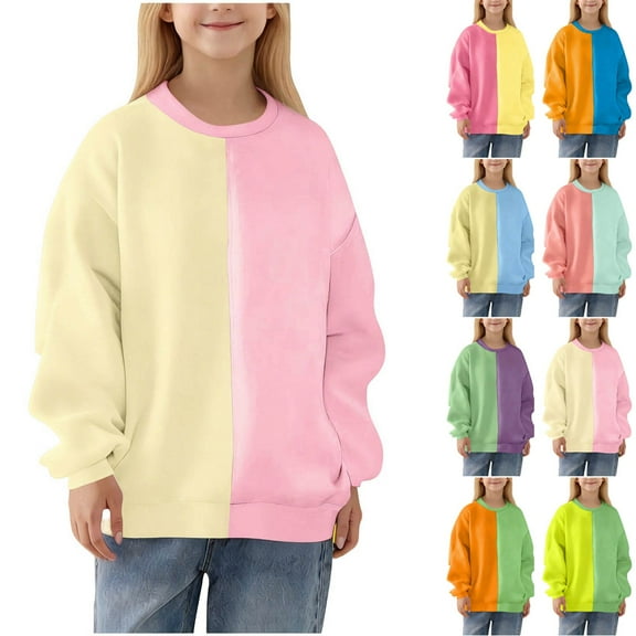 AHTJRT Casual Sweatshirts for Girls Boys Warm Plush Long Sleeve Crewneck Pullover Shirts Cute Colorblock Patchwork Tee Tops Green#01 2-3 Years