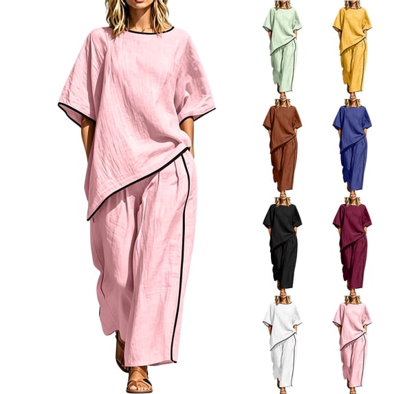AHTJRT Casual Two Piece Sets for Women Asymmetric Short Sleeve Crewneck Irregular Hem Top Wide Leg Pants Summer Matching Sets Yellow L