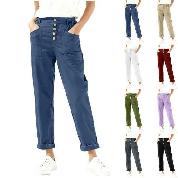 AHTJRT Chino Pants for Women Elastic Waist Front Button Trousers with Pockets Lightweight Solid Color Trousers Fashion 2026 Spring Summer Slacks Khaki L
