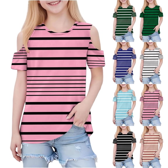 AHTJRT Cold Shoulder Tops for Girls Boys Kids Crewneck Short Sleeve Basic Tee Tops Fashion Spring Summer Striped Color Tshirts Khaki#01 7-8 Years