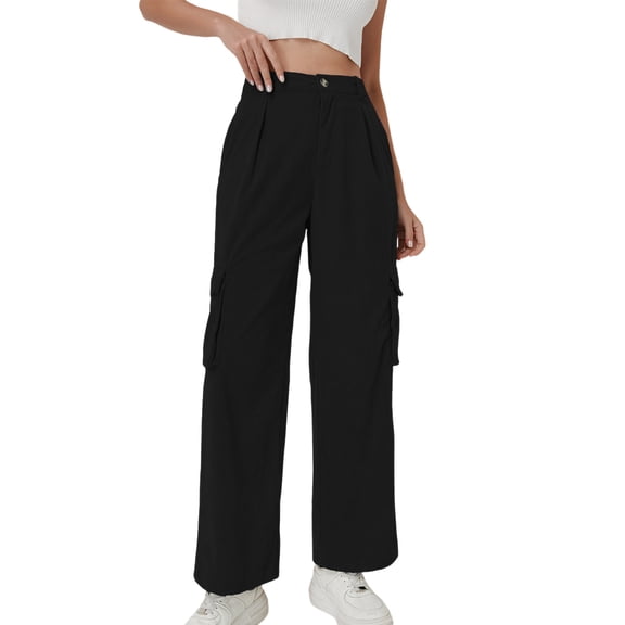 AHTJRT Corduroy Pants for Women High Rise Elastic Waist Straight Leg Cargo Sweat Pants with 4 Pockets Fall Spring Lounge Activewear Trousers Black S