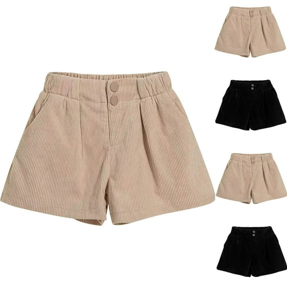 AHTJRT Corduroy Shorts for Girls Elastic Waist Front Button Shorts with Pockets Comfort Lightweight Spring Summer Lounge Outdoor Short Pants Black 5-6 Years
