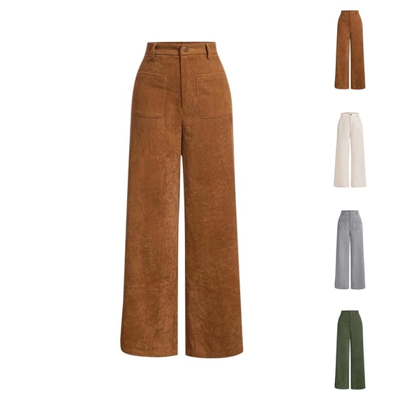 AHTJRT Corduroy Wide Leg Pants for Women Casual 2026 Fall Winter Vintage Elastic Band Straight Leg Trousers Work Dress Pants with Pockets Green#01 XL
