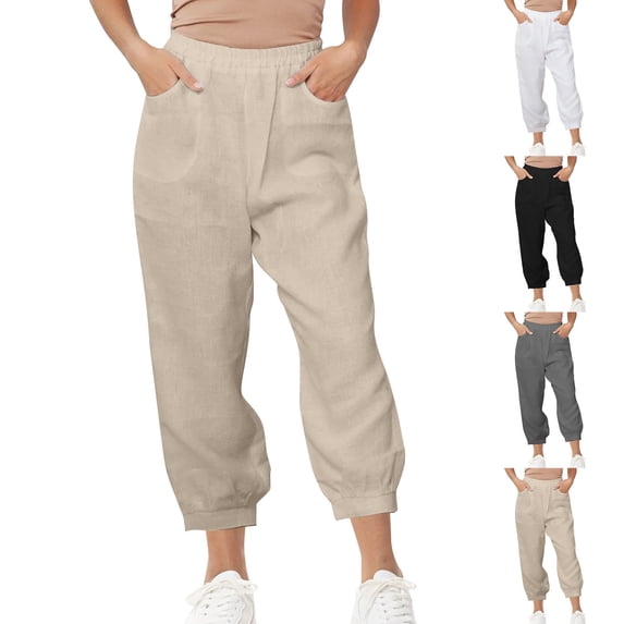 AHTJRT Cotton Linen Capris for Women Elastic Wiast Trousers with Pockets Lighwteight Breathable Loungewear Jogger Pants Black XXL