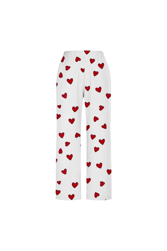 Cotton Linen Pants for Women High Waist Wide Leg Trousers Love Heart Patterns Print Pants with Pockets Side Split Slacks Multicolor XL