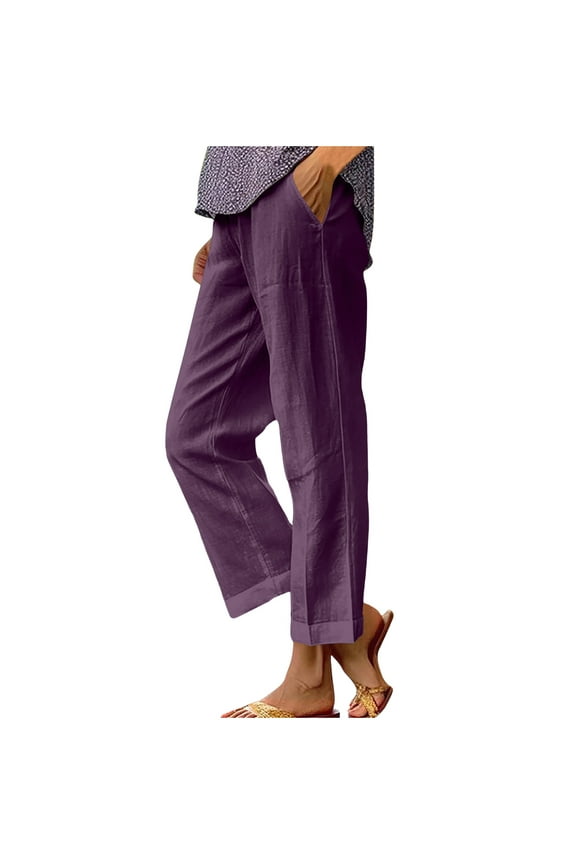 Cotton Linen Pants for Women Plus Size Solid Straight Leg Trousers with Pockets Elastic Waist Loungewear Bottoms Purple XL