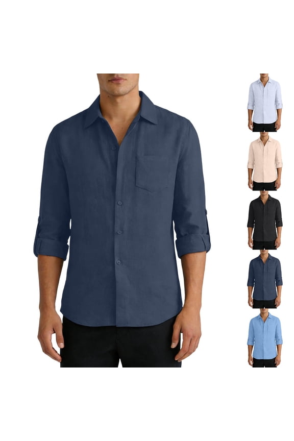 Cotton Linen Shirts for Men 3/4 Sleeve Button Down Tshirts with One Pocket Lightweight Regular Fit Comfy Soft Spring Tee Tops Navy L