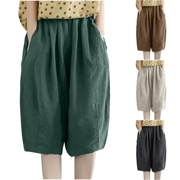 AHTJRT Cotton Linen Shorts for Women Comfy Mid Rise Solid Color Capri Shorts Fashion Baggy Wide Leg Shorts Black XXXL