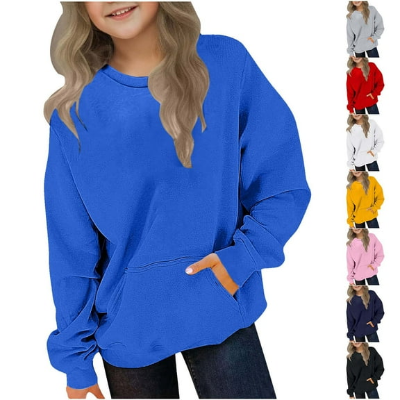 AHTJRT Crew Neck Sweatshirts for Kids Boys Girls Long Sleeve Kangaroo Pocket Pullover Tops Fall Winter Warm Lounge Outdoor Tops Pink#03 9-10 Years