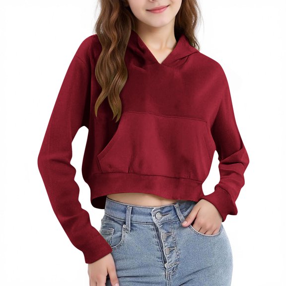 AHTJRT Crop Sweatshirt for Girls Boys Youth Long Sleeve Pullover Hoodies with Kangaroo Pocket Solid Fall Spring Fashion Outdoor Streetwear Tops Wine 11-12 Years