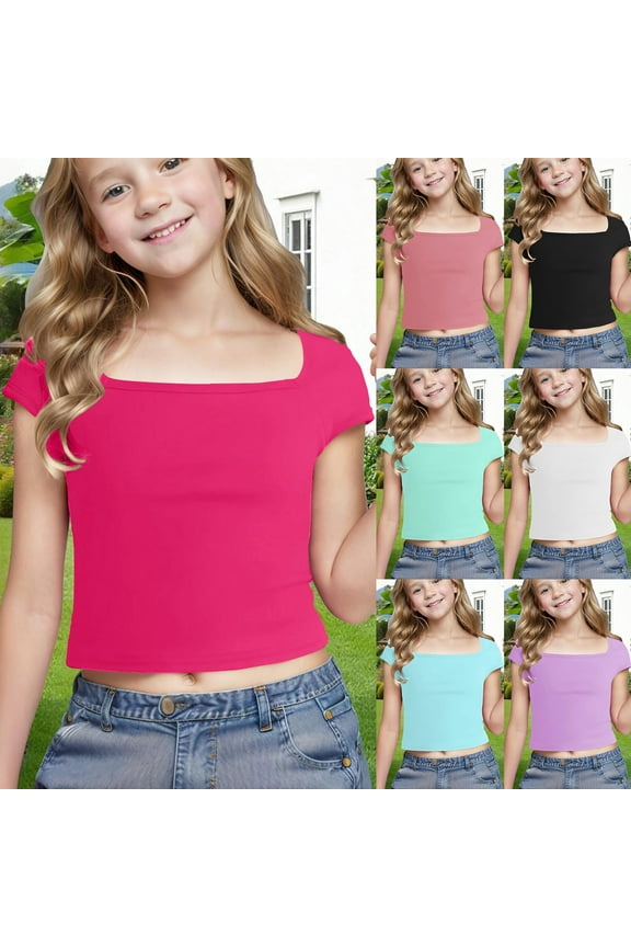 Crop Tops for Girls Slim Short Sleeve Square Neck Tee Shirts Spring Summer Lightweight Breathable Basic Top Tees Sky Blue 13-14 Years