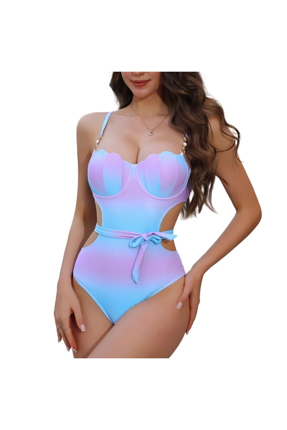 Cutout One Piece Swimsuits for Women Pearl Halter Ombre Mermaid Bikini Sets Cheeky Slimming Tummy Control Bathing Suit Padded Underwire Swiwmear Multicolor &F2L