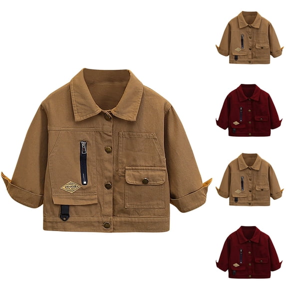 AHTJRT Denim Jacket for Girls Boys Long Sleeve Lapel Button Down Jean Jackets with Pockets Letter Printed Blouse Tops Solid Color Trucker Coats Khaki 1-2 Years