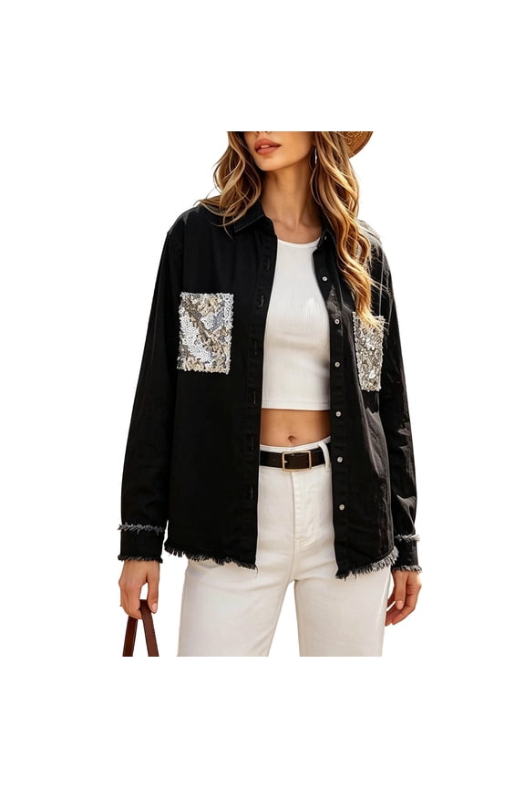 Denim Jacket for Women Button Down Hippie Bling Embroidered Pearls Beading Washed Jean Jackets Oversized Y2k Dance Disco Coat with Pockets Black S