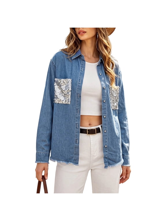 Denim Jacket for Women Button Down Hippie Bling Embroidered Pearls Beading Washed Jean Jackets Oversized Y2k Dance Disco Coat with Pockets Blue XL