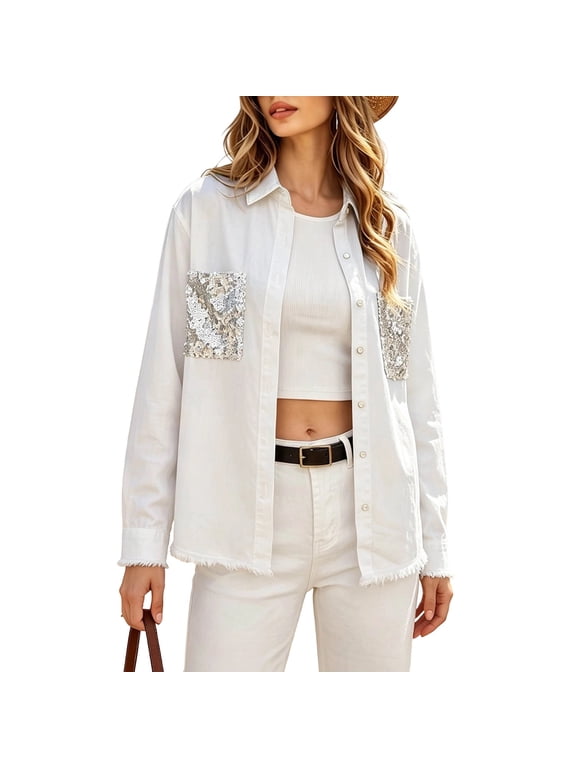 Denim Jacket for Women Button Down Hippie Bling Embroidered Pearls Beading Washed Jean Jackets Oversized Y2k Dance Disco Coat with Pockets White S