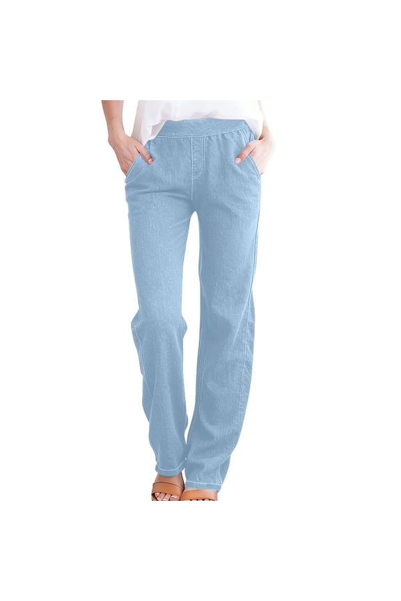 Denim Pants for Women Mid Rise Elastic Waist Jeans with Pockets Straight Leg Flat Front Pants Casual Daily Lounge Street Trousers Light Blue M