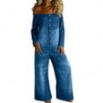 thumbnail image 1 of AHTJRT Denim Romper for Women Off Shoulder Long Sleeve Button Down Jumpsuits Loose Wide Leg Jeans Overalls with Pockets Blue XL, 1 of 7