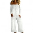 thumbnail image 1 of AHTJRT Denim Romper for Women Off Shoulder Long Sleeve Button Down Jumpsuits Loose Wide Leg Jeans Overalls with Pockets White XL, 1 of 7