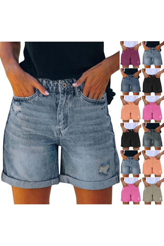 Denim Shorts for Women Casual Elastic Waist Pockets Shorts Ripped High Rise Distressed Rolled Hem Jeans Shorts Khaki XS