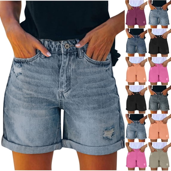 AHTJRT Denim Shorts for Women Casual Elastic Waist Pockets Shorts Ripped High Rise Distressed Rolled Hem Jeans Shorts Orange XS